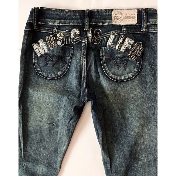 Tough Jeansmith USA Glamour Jeans Music Is Life Pearls Embroidered Low Rise - Picture 3 of 11